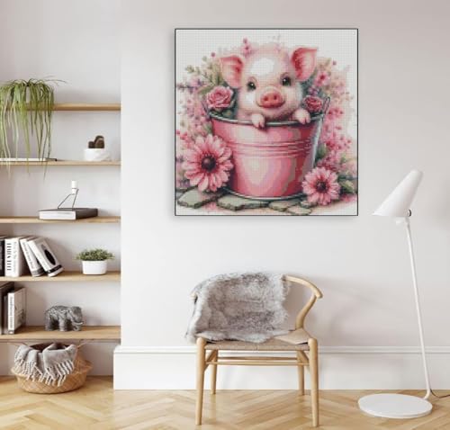 Image of Cute Pig Stamped Cross Stitch Kits for Adults Beginner, Flowers Dimensions Needlepoint Art Crafts Embroidery Kits for Adults Beginners 13.7x13.7 inches