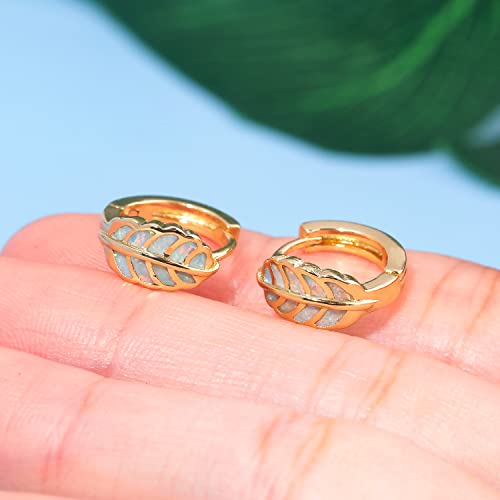 Leaf Small Hoop Earrings for Women Girls Opal Huggie Hoop Earrings 14K Gold Plated Cartilage Mini Earrings4