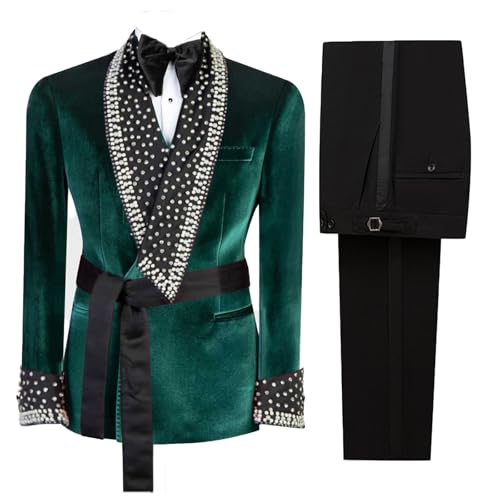 2 Pieces Velvet Men Suit Shawl Lapel Shiny Rhinestone with Belt Slim Fit Blazer Jacket Pants for Prom,Party,Dinner