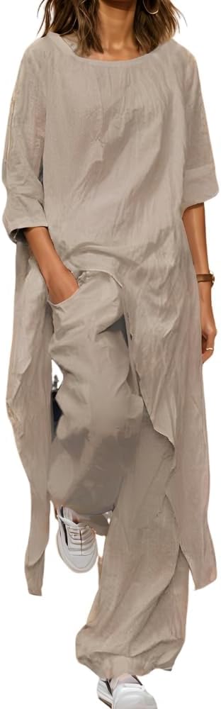 2 Piece Cotton Set for Women Long Sleeve Irregular Pullover Linen Shirt Fall Casual Wide Leg Pants Suit