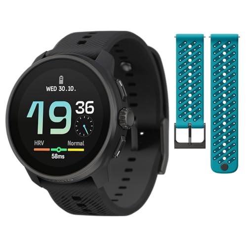 SUUNTO Race S GPS Sports Watch, 1.32" AMOLED Touchscreen w/Crown All Black & SUUNTO 22 ATH8 Silicone Strap Wave Blue S+M