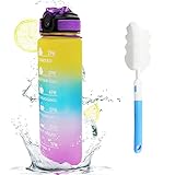 Umllpet Sport Trinkflasche 1L, Trinkflasche mit Strohhalm und Zeitmarkierung Auslaufsicher Sport Wasserflasche mit Pinsel Sportwasserflasche für Fahrrad, Camping, Wandern, Yoga, Gym, Outdoor, Schule