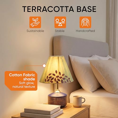 Image of AAKRITI ART CREATIONS Terracotta Table Lamp for Study Room, Bedroom & Living Room Decoration | Floral Floral Garden Bedside Lamp with Cotton Fabric Shade | Aesthetic Night Lamp
