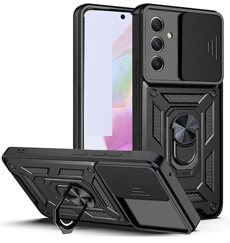 Image of Designerz hub Samsung Galaxy M56 5G Back Cover | Heavy Duty Hybrid Case with 360 Degree Rotating Finger Ring Holder + Slider Shutter Camera Protection Case for Samsung Galaxy M56 5G- Black