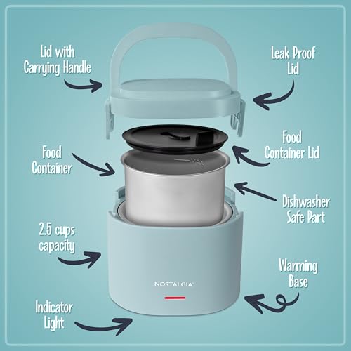 Nostalgia Portable 20-Ounce Electric Heated Lunch Box – Travel Size 2.5 Cup Capacity for Soup, Chili, and Leftovers – Leak Proof Silicone Sealed Lid, Foldable Carry Handle, Detachable Cord – Chambray