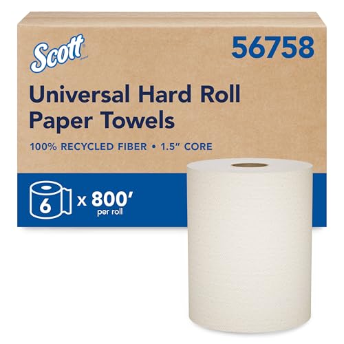 Scott Professional Universal 100% Recycled Fiber Hard Roll Paper Towels, Bulk (56758), Hardwound 1.5' Core, Absorbency Pockets, Compressed, Brown (6 Rolls at 800' Each, 4,800'/Case)