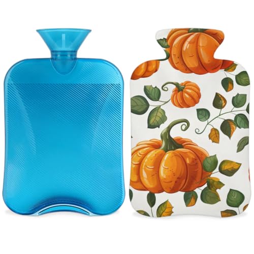Hot Water Bottle with Soft Cover,2L Thanksgiving Pumpkins Hot Water Bag for Hot and Cold Compress, Hand Feet Warmer, Maple Leaf Pumpkin Rubber Hot or Cold Water Bottle Halloween Christmas Decorations