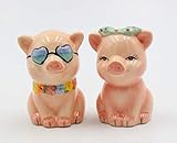 Fine Ceramic Happy Pigs Couple Salt & Pepper Shakers Set, 3-1/8' H