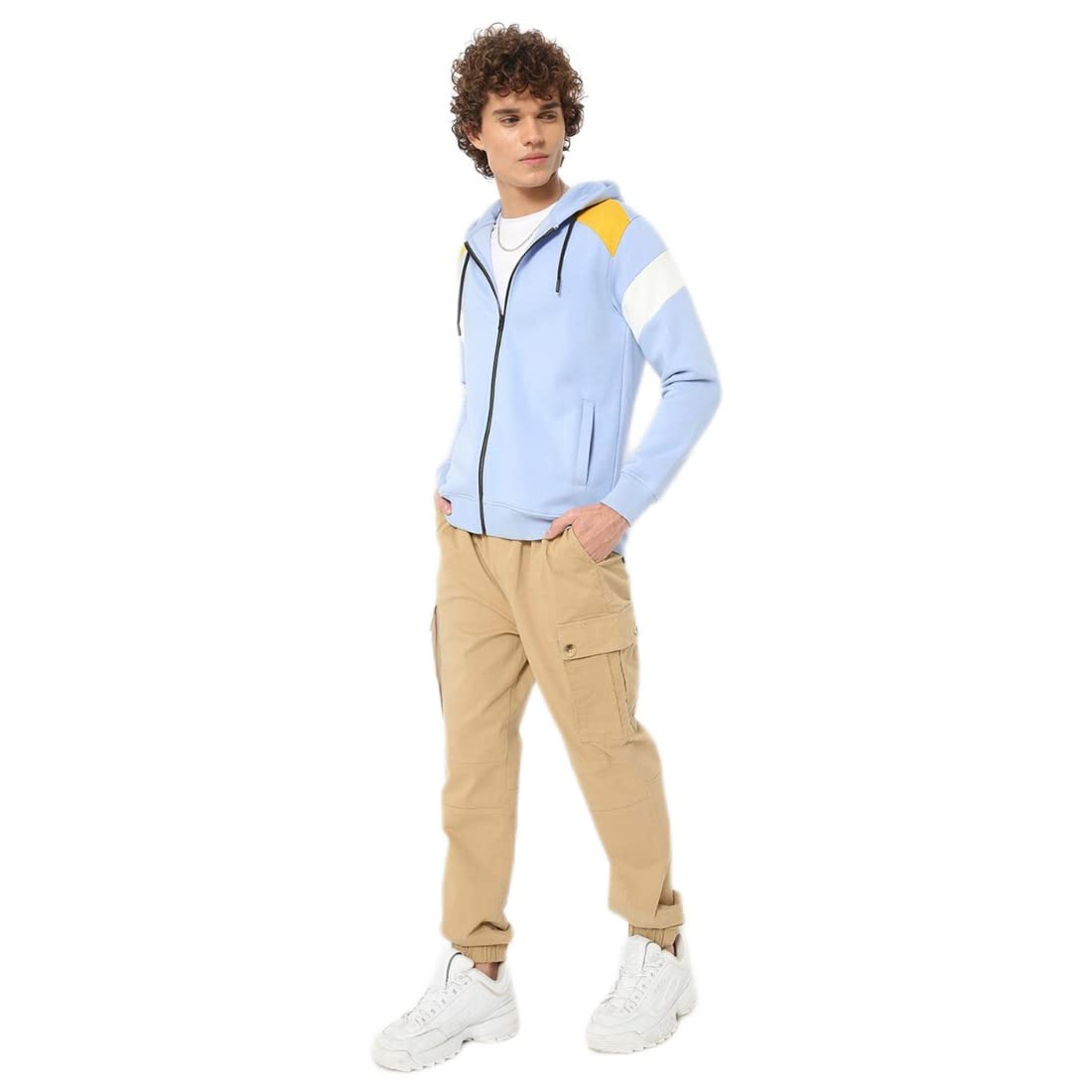 Men's Blue & White Color Block Zipper Hoodie-image-37