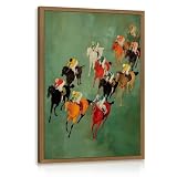 Horse Racing Canvas Wall Art Colorful Jockeys Wall Pictures Modern Equestrian Home Decor Horse Racing Oil Painting Western Prints Poster for Living Room Bedroom Office 16x24 Inch Framed