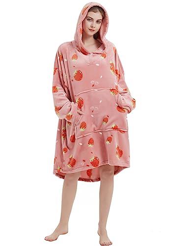 Image of ABENCA Wearable Blanket Hoodie Adult Oversized Sweatshirt Light Flannel Sherpa, Warm and Cozy, One Size Fits All.Strawberry