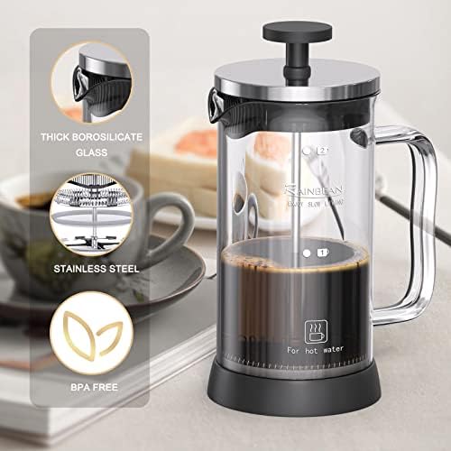 RAINBEAN Cafetiere Coffee Maker 2 Cups/350ml, Small French Press Coffee Maker - Heat Resistant Stainless Steel Filter Coffee Press (Glass Body & Glass Handle)