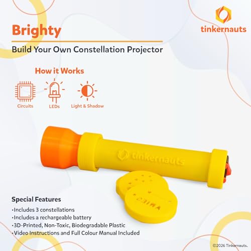 Image of Tinkernauts Brighty | DIY Kids Flashlight Projector | 3D Printed Electronic STEM Toy | 3 Constellations | Electronics & Circuits | Durable Non-Toxic | Birthday Gift Kids Ages 7 8 9 10 11 12 13 14
