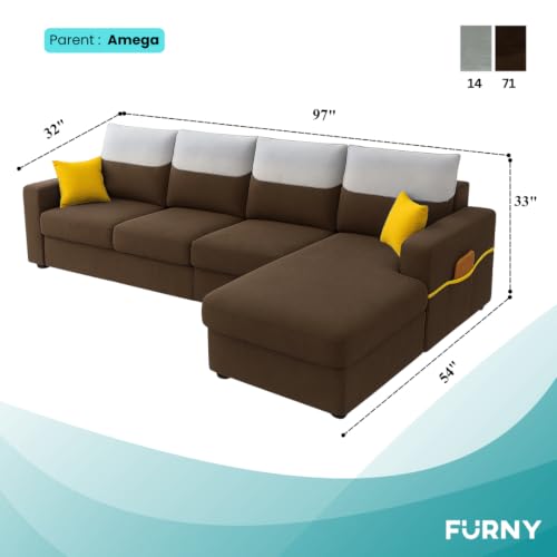 Image of Furny Tokiaa 6 Seater Fabric RHS L Shape Sofa Set (Brown) | Soft Velvet Fabric | Modern Design | Comfortable Seating | Living Room Furniture