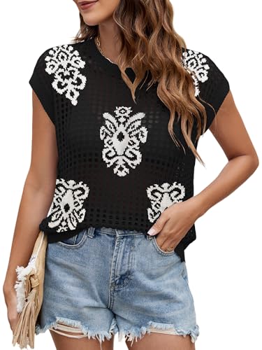Image of Womens Summer Crochet Tops Hollow Out Cap Sleeve Cover Up Tank Top Pullover Sweater Vest Beach Vacation Clothes