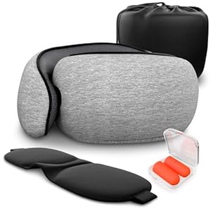 Neck Pillow Travel – 4-in-1 Set | Adjustable Memory Foam Airline Pillows for Sleeping on Long Flights, Earplugs, Eye Mask, & Cover | Washable Cotton Cover, Hook-and-Loop Closure – Car and Train Use