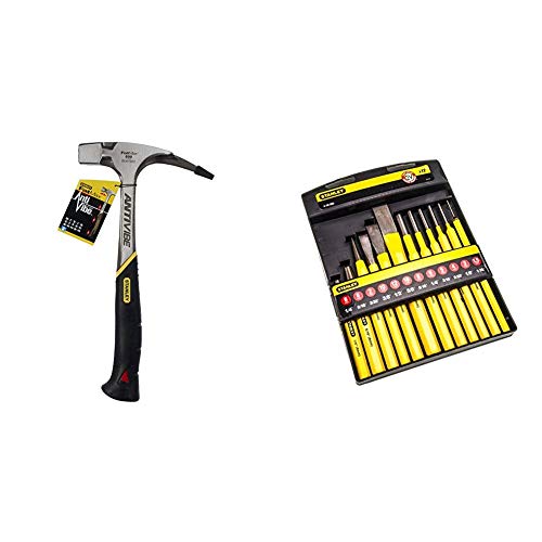 Stanley FatMax Antivibe Latthammer (600 g Kopfgewicht, 340 mm Länge, ergonomischer DynaGrip-Griff) 1-51-937 & Meissel-, Körner- und Durchschläger-Set (12-teilig, Chrom-Vanadium Stahl) 4-18-299