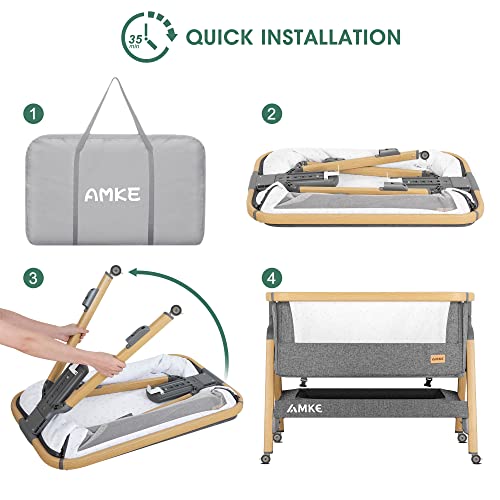 AMKE Bedside Sleeper for Baby,35s Quick Assemble Crib with Storage Basket,Portable Bassinets for Safe Co-Sleeping, Adjustable Bed for Infant Newborn - Thumbnail 2