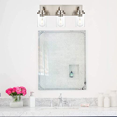 MELUCEE 3-Light Vanity Lights Brushed Nickel with Clear Glass Shade, Modern Bathroom Light Fixtures Industrial Wall Light for Bedroom Kitchen Living Room by MELUCEE - Used condition - Image 8