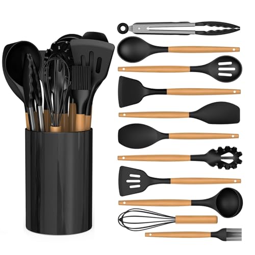 12 PCS Silicone Cooking Utensils Set with Wooden Handle, Kitchen Utensil Set, Heat Resistant, Nonstick Cookware Tongs Spatula Spoon Set, Dishwasher Safe, Best Kitchen Tools with Holder