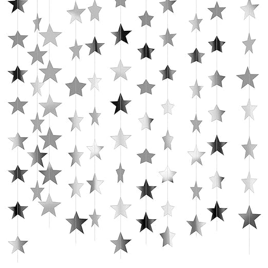 Image of Pop The Party Paper Star Garland Pack of 2 - Silver Hanging Stars for Birthday Decorations, Wedding, Festivals & Holiday Party Decor
