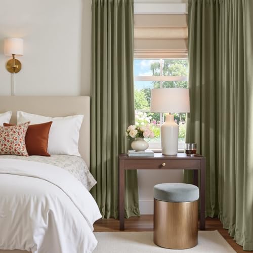 Image of Blackout Olive Sage Velvet Curtains Back Tab 52x90 Inch 2 Panels | Soft Velvet, Lined, For Bedroom & Living Space, Light Shifting Texture, Elegant Drape, Serene, Fresh