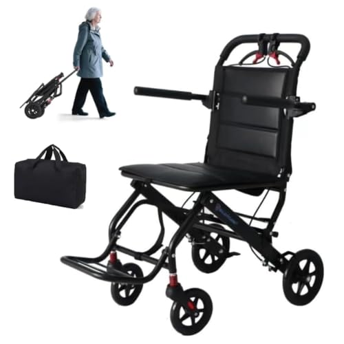 Enjoycare Aircraft Wheelchair Lightweight Foldable Aluminum Frame with suitcae Black EK822A Model Portable Transport Chair Disabled Handicapped Person Limited Mobility Walker with Seat Wheelchair