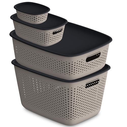 EDANTI 4x Aufbewahrungsbox mit Deckel 4er-Set 0,8L, 3,5L, 10L, 17L Organizer Kunststoff Behälter Durchbrochener Container Stylisch Modische Kleiderboxen Stapelbar Box Plastik (Hellbraun)