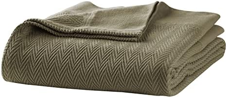 NITRAA 100% Organic Cotton Solid Blanket – Timeless Herringbone Weave and Twill hems- Throw Blanket with Classic Blanket Stitch- Yarn Dyed- Soft & Durable- Oeko-TEX Certified (Sage Green, Full/Queen)