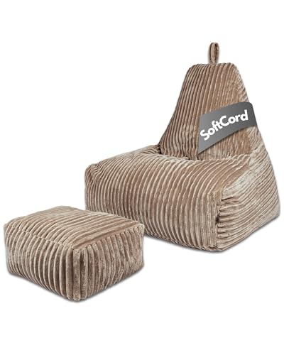 PatchHome Deluxe Cord sittsäck lounge fåtölj – gaming saccosäck set med fotpall – bekväm manchesterfåtölj med fyllning – vardagsrum och sovrumsmöbler (latta macchiato, XL – sittsäck pallset)