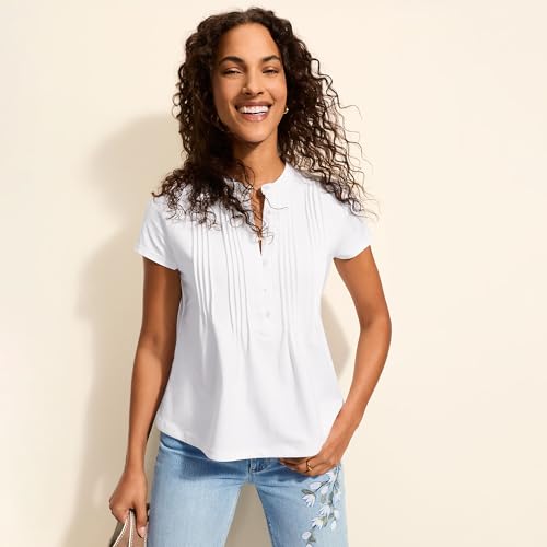 Image of Lands' End Women's Short Sleeve Lightweight Jersey Button Pintuck Top