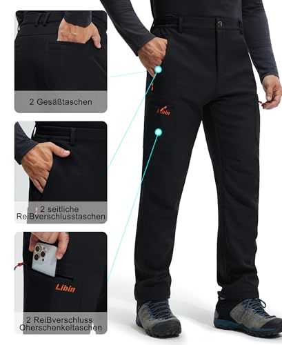 Libin Thermohose Herren Skihose Wanderhose Winter Softshellhose Winterhose Outdoorhose Wasserdicht Schneehose Regenhose Trekkinghose, Schwarz L