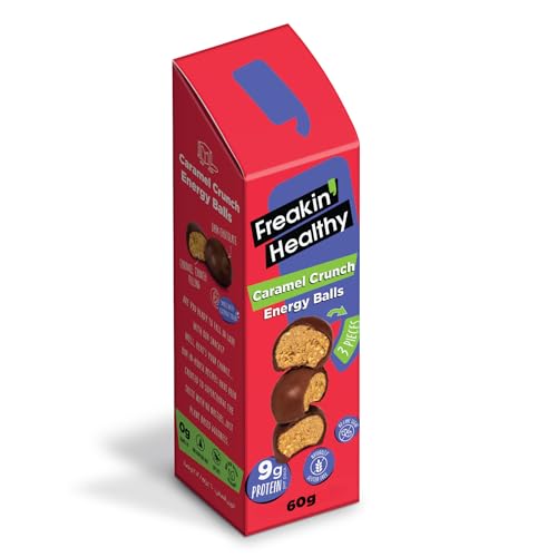 Freakin Healthy Caramel Crunch Energy Balls 60g Dark Chocolate Covered Individually Wrapped Plant Based Snack.