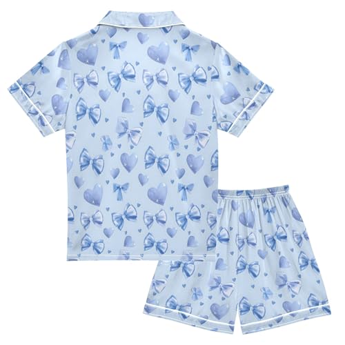 Light Blue Bows Summer Satin Pajama Set, Cute Button-Down Sleepwear Pj Set for Sleep Wears2
