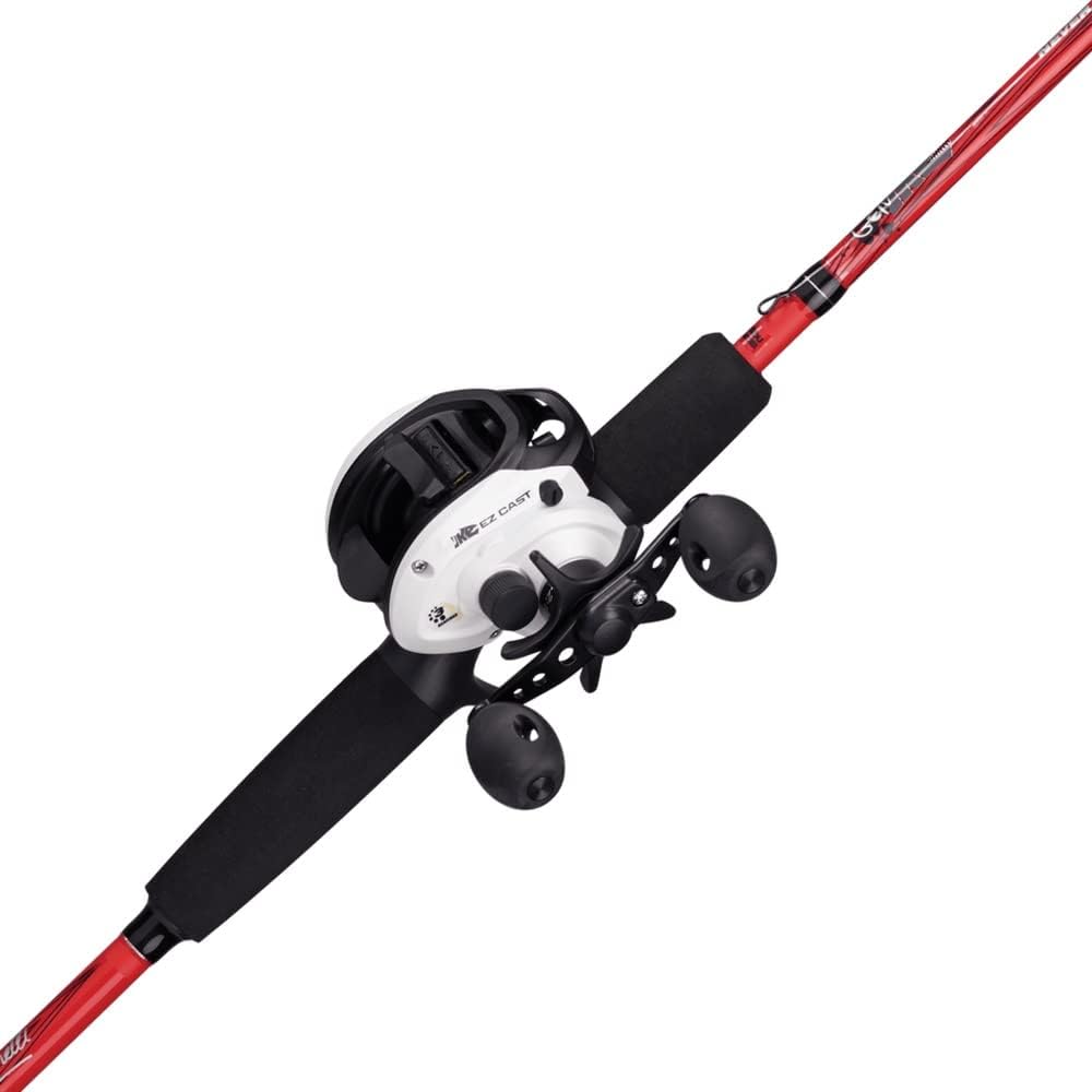 Abu Garcia 6’ Gen IKE EZ Cast Youth Fishing Rod and Reel Baitcast Combo, 1-Piece Rod, Size LP Reel, Right Hand Position, Fishing Rod and Reel for Kids,Red/White