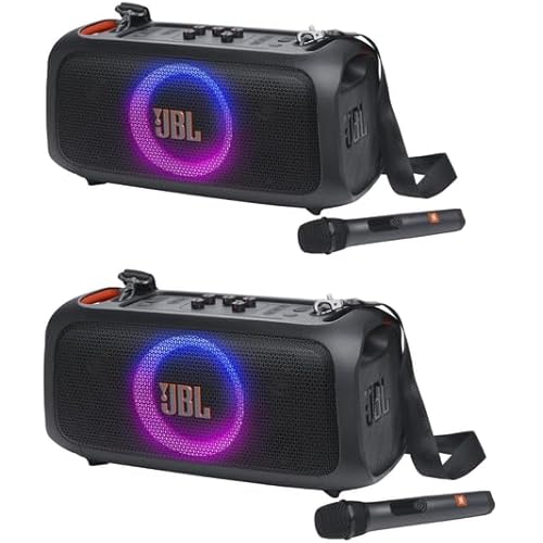 JBL PartyBox On-The-Go Essential 2 Pack - Portable Party Speaker with Built-in Lights and Wireless mic, Amazing Pro Sound, IPX4 splashproof Protection, 6 Hours of Playtime, Shoulder Strap