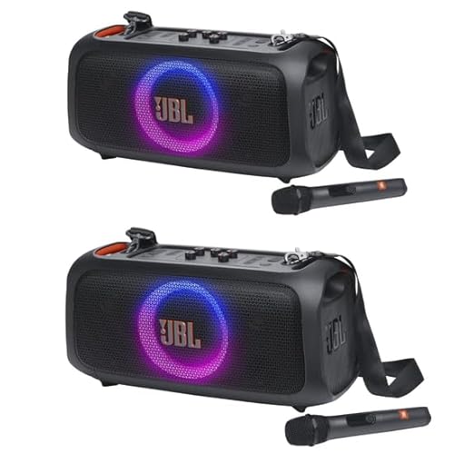 JBL PartyBox On-The-Go Essential 2�p�b�N - �|�[�^�u���p�[�e�B�[�X�s�[�J�[ �������C�g�ƃ��C�����X�}�C�N�A�f���炵���v���T�E���h�AIPX4�h�H�ی�A6���ԍĐ��A�V�����_�[�X�g���b�v�B