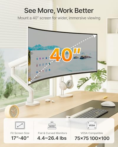 Image of monTEK Mechanical Spring Single Monitor Arm for 27 32 34 40in Screens | White, Built-in One-Way Bearing, Holds 26.4 lbs, VESA 75 /100mm, C-Clamp /Grommet Base & Cable Management, Office, Home, Game