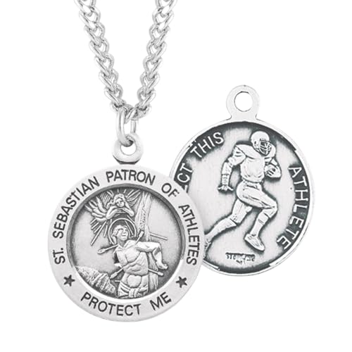 .925 Sterling Silver Boy's Saint Sebastian Christian Sports Athelete Protection Medal Pendant Necklace with Chain - Made In USA