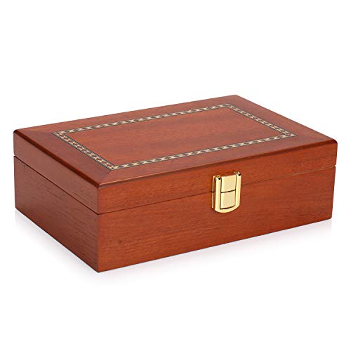 Woodronic Handmade Humidor Cigar Box Spanish Cedar Lining for 6 to 10 Counts, Desktop Cigar Case Gift Set with Humidifier, Mahogany Finish with Inlay
