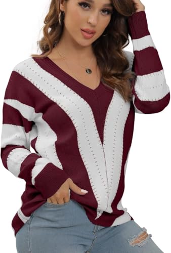 Pullover Damen V-Ausschnitt Langarm Strickpullover Damen V-Form Gestreiftes Pulli Damen – Bild 3