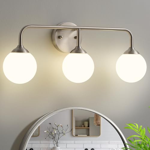 Image of Bathroom Light Fixtures - 3 Light Brushed Brass Vanity Light Over Mirror for Bathroom Mirror Living Room, Brushed Nickel Bathroom Wall Sconce with Frosted Glass Shade, 3 G9 Bulbs Included