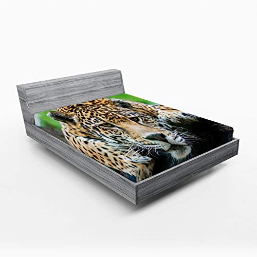 Ambesonne Jungle 2 Pack Fitted Sheet, Jaguar Wildcat Feline, Bed Cover All-Round Elastic Deep Pockets 2 Pieces, Package Contains 2 California King Fitted Sheets, Green Orange