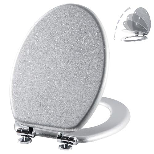Angol Shiold Glitter Toilet Seat Molded Wood Elongated Toilet Seat with Quietly Close and Quick Release Hinges, Easy to Clean also Easy to Install (Elongated 18.5'', Silver)