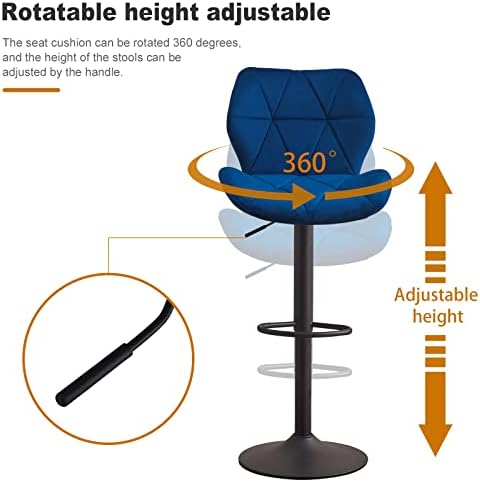 CLIPOP Velvet Bar Stools Set of 2 Blue Height Adjustable Breakfast Barstools with Swivel Gas Lift and Steel Footrest, High Back Dining Stools for Kitchen Island Counter Pub (Blue)