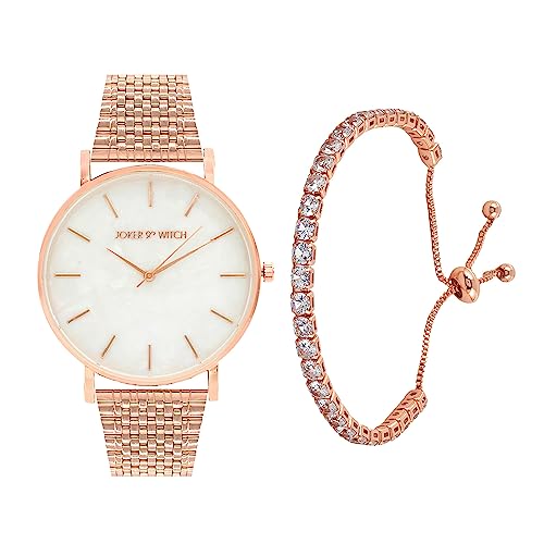 Image of Joker & Witch Stainless Steel Women Lucinda Analog Watch Bracelet Stack, Band Color-Rose Gold, Dial Color-White