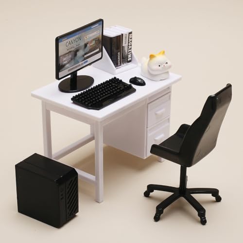 KARLOR Miniatur Computertisch-Set, 9 teilig Bürotisch Set, Mini Computer Tastatur Maus Bücherregal Bücher Computerstuhl Computertisch, Mini Möbel Spielzimmer Büro Zubehör Miniatur Szene Dekoration