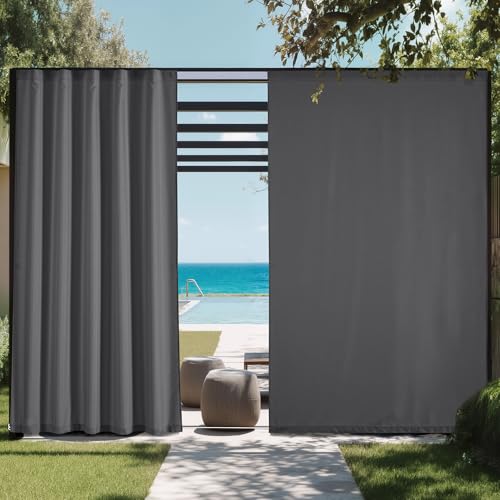 NICETOWN Canvas Outdoor Curtains for Paito 2 Panels, Dove Gray, W52 x L84 per Panel - Waterproof & Windproof Sun Shades with Peel/Stick Top & Back Tab