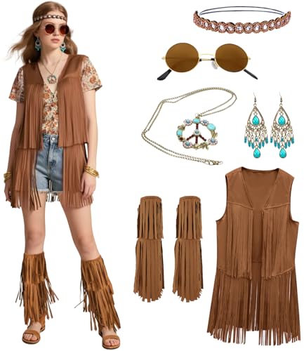 Hippie Kostüm Damen Set Cowgirl Kostüm Hippie Tassel Weste Back To 70er Jahre Outfit Halloween Mottoparty Karneval Festival Faschingskostüme Boho Chic Outfit (Brown, M) Hippie Kostüm Damen Set Cowgirl Kostüm Hippie Tassel Weste Back To 70er Jahre Outfit Halloween Mottoparty Karneval Festival Faschingskostüme Boho Chic Outfit (Brown, M)