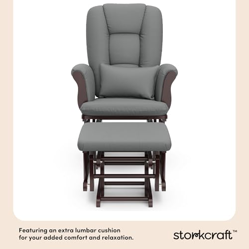 Image of Storkcraft Tuscany Glider and Ottoman with Lumbar Pillow, Espresso /Gray | GREENGUARD Gold Certified, Bonus Lumbar Cushion Included, Solid Wood Base, Smooth Motion, Award-Winning Nursery Rocking Chair